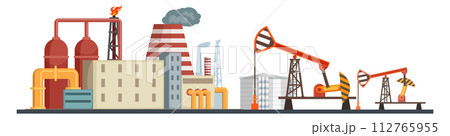 Oil mining industry buildings. Fuel refinery cartoon illustration Oil mining industry buildings. Fuel refinery cartoon illustration 112765955