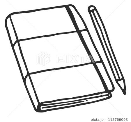 Notebook and pencil doodle. Hand drawn creativity sketch Notebook and pencil doodle. Hand drawn creativity sketch 112766098