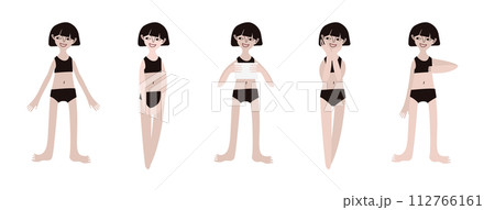 Five Asian girls in swimsuits. Calm standing poses: thumbs up, piece of paper in hands. Pale skin and dark hair. Vector illustration in flat style Five Asian girls in swimsuits. Calm standing poses: thumbs up, piece of paper in hands. Pale skin and dark hair. Vector illustration in flat style 112766161