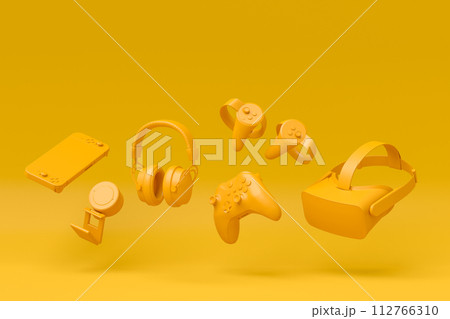 Flying gamer gears like mouse, keyboard, joystick, headset, VR, microphone 112766310