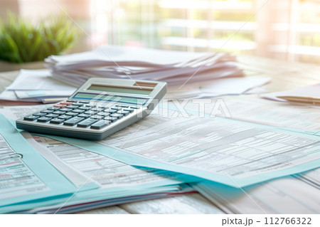 Workplace of bookkeeper with calculator and papers on desk office. Financial data analyzing and accounting concept 112766322