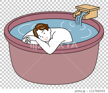 Simple illustration of a cute naked man taking a pleasant bath in an open-air hot spring bath fed directly by the source. 112766505