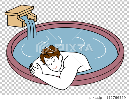 Simple illustration of a cute naked man taking a pleasant bath in an open-air hot spring bath fed directly by the source. 112766529