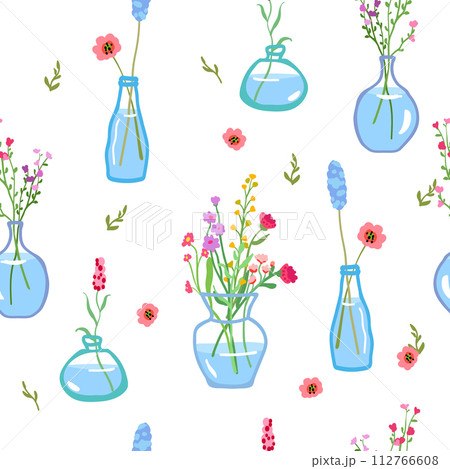 Spring flowers in glass vases, seamless pattern. Fragile floral stems and branches, repeating print. Summer blooming plants. Endless background for wrapping and textile, fabric, and wallpaper. Hand Spring flowers in glass vases, seamless pattern. Fragile floral stems and branches, repeating print. Summer blooming plants. Endless background for wrapping and textile, fabric, and wallpaper. Hand 112766608