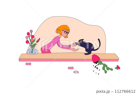 A young woman picks up a cat from the windowsill. The kitten dropped a flower pot. Scene of love and friendship between human and pet. For poster, fabric, paper, printing on childrens and adult A young woman picks up a cat from the windowsill. The kitten dropped a flower pot. Scene of love and friendship between human and pet. For poster, fabric, paper, printing on childrens and adult 112766612