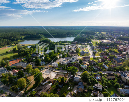 Aerial panoramic view of Lithuanian resort Druskininkai. Druskininkai in autumn colours, drone picture of multi coloured trees in most beautiful city of Druskininkai in Lithuania 112767004