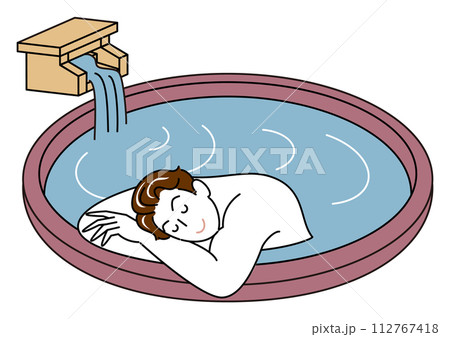 源泉掛け流し温泉の露天風呂で気持ちよさそうに入浴をしている裸の可愛い男性 シンプル イラスト 112767418