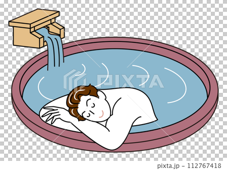 源泉掛け流し温泉の露天風呂で気持ちよさそうに入浴をしている裸の可愛い男性 シンプル イラスト 112767418