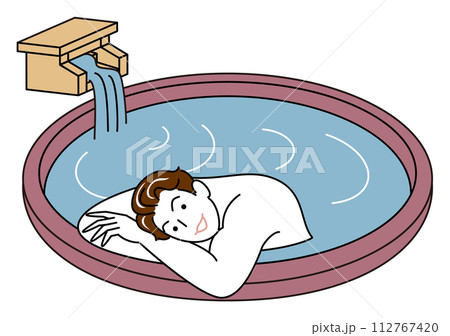源泉掛け流し温泉の露天風呂で気持ちよさそうに入浴をしている裸の可愛い男性 シンプル イラスト 112767420