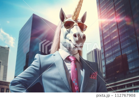AI-generated content. cool business unicorn with sunglasses on city background illustration 112767908