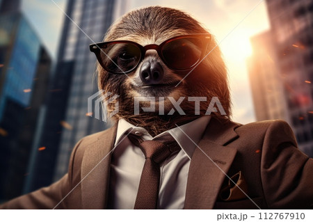 AI-generated content. cool business sloth with sunglasses on city background 112767910