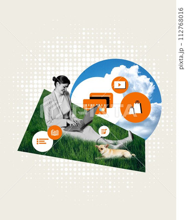 Smiling woman sitting on grass with dog and using laptop for online communication, shopping and fun. Contemporary art collage. 112768016
