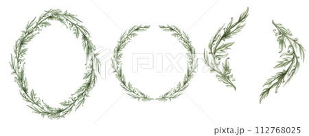 Watercolor monochrome green frame of abstract plant patterns and branches with leaves for borders, frames, background, textiles, fabrics, cards, stickers, scrapbooking, invitations, greetings Watercolor monochrome green frame of abstract plant patterns and branches with leaves for borders, frames, background, textiles, fabrics, cards, stickers, scrapbooking, invitations, greetings 112768025