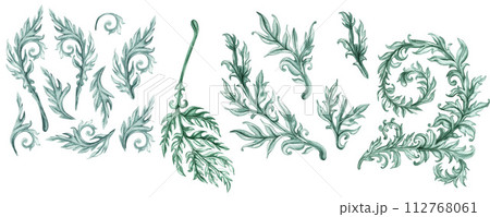 Watercolor monochrome green abstract plant patterns and branches with leaves for borders, frames, background, textiles, fabrics, cards, stickers, scrapbooking, invitations, greetings 112768061