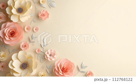 Paper flowers on beige background with copy space. Abstract natural floral frame layout. Wedding invitation. International Women day, Mother Day concept 112768122