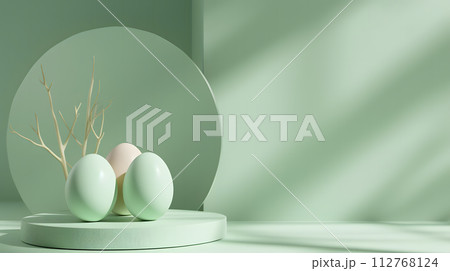Happy Easter! Pastel green Easter background with eggs. Stylish tender spring template with space for text. Greeting card or banner 112768124