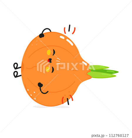 Onion laughs character. Vector hand drawn cartoon kawaii character illustration icon. Isolated on white background. Onion character concept 112768127