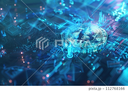 AI-generated content. A blue and green image of a computer chip with a bitcoin symbol on it. Generative AI 112768166