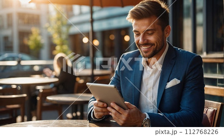 A business man with a laptop or tablet works in a cafe on the street near modern business buildings. 112768226