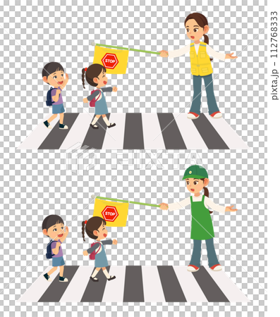 Illustration of a woman doing traffic control with children crossing a crosswalk Illustration of a woman doing traffic control with children crossing a crosswalk 112768333