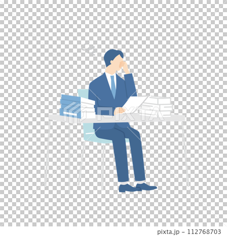 Businessman holding his head over a pile of documents 112768703