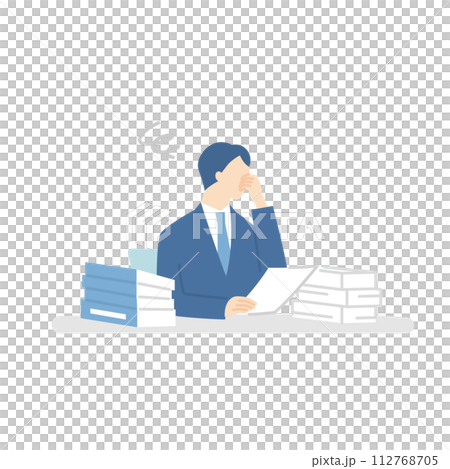 書類の山に頭を抱えるビジネスマン　上半身 112768705