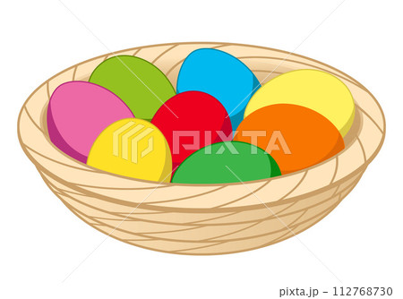 Easter egg, dyed colored hen eggs in a wicker basket bowl, color vector illustration isolated on white 112768730