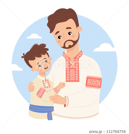 Happy Ukrainian bearded man father with son in traditional clothes embroidered vyshyvanka. Festive nation character family. Vector illustration for design festive themes, father's day Happy Ukrainian bearded man father with son in traditional clothes embroidered vyshyvanka. Festive nation character family. Vector illustration for design festive themes, father's day 112768756