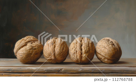 AI-generated content. Walnuts in shell close-up lie on the table 112768788