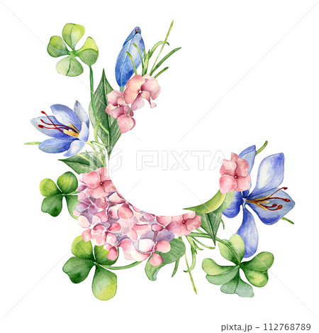 Wreath with pink hydrangea and clover watercolor illustration isolated on white. Painted saffron flowers frame. Hand drawn Irish symbol. Design for St.Patricks day, Easter, springtime, package 112768789