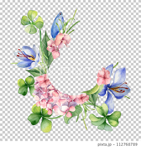 Wreath with pink hydrangea and clover watercolor illustration isolated on white. Painted saffron flowers frame. Hand drawn Irish symbol. Design for St.Patricks day, Easter, springtime, package 112768789