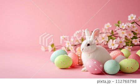 Pink Easter card with bunny, eggs and flowers, copy space 112768798