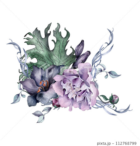 Watercolor black lily, peony and leaves illustration isolated on white. Gothic floral arrangement hand drawn. Dark botanical decoration with flowers. Element for invitation, backdrop, card, printing 112768799