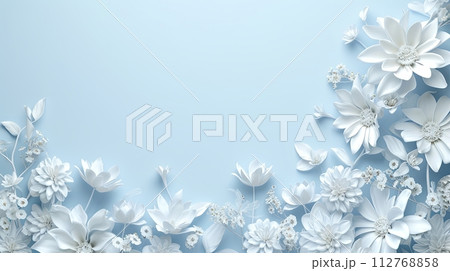 white flowers on blue background with copy space. Abstract natural floral frame layout. Wedding invitation. International Women day, Mother Day concept white flowers on blue background with copy space. Abstract natural floral frame layout. Wedding invitation. International Women day, Mother Day concept 112768858