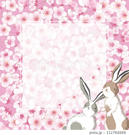 A vector editorial frame design featuring a spring scenery with cherry blossoms and rabbits 112768889