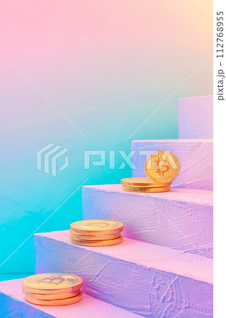 AI-generated content. Crypto coins on stairs on pastel background 112768955