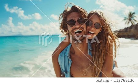 AI-generated content. a man is carrying a woman on his back on the beach 112769130