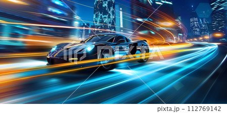 AI-generated content. Electric blue sports car driving on city street at night 112769142