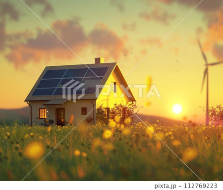 AI-generated content. House with solar panels and wind turbines in a field under sunset skies 112769223