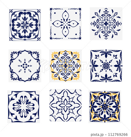 Creative arts blue and yellow floral tiles on white background 112769266