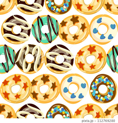 Seamless donut pattern on white background with various toppings Seamless donut pattern on white background with various toppings 112769280
