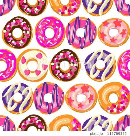 Seamless donut pattern on white background with various pink and chocolate toppings Seamless donut pattern on white background with various pink and chocolate toppings 112769355