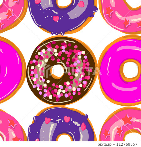 Seamless donut pattern on white background with various pink and chocolate toppings Seamless donut pattern on white background with various pink and chocolate toppings 112769357