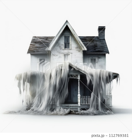Scary house isolated on white background. Creepy haunted mansion. Spooky Halloween villa 112769381