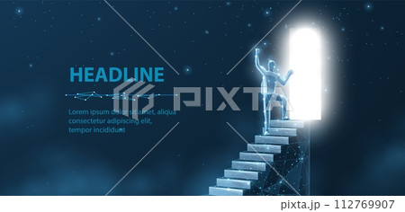 Door and man on the top of ladder. Digital success, succeed path, accomplish mission, digital transformation Door and man on the top of ladder. Digital success, succeed path, accomplish mission, digital transformation 112769907