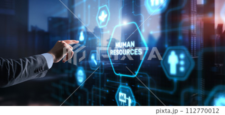 Human Resources HR management Recruitment Concept. Businessman clicks icon Human Resources HR management Recruitment Concept. Businessman clicks icon 112770012