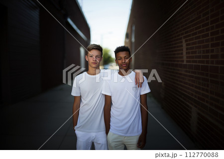 Two teenagers wearing plain white t-shirts posing against a city street. 112770088