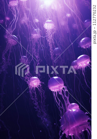 Abstract background wallpaper. Purple jellyfish in the water. Concept of underwater world and ocean life. Abstract background wallpaper. Purple jellyfish in the water. Concept of underwater world and ocean life. 112770232