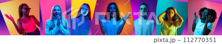 Group of diverse men and women posing and expressing emotion of surprise. delight over multicolored background. Concept of human emotions, youth, lifestyle, business, job fairs. 112770351