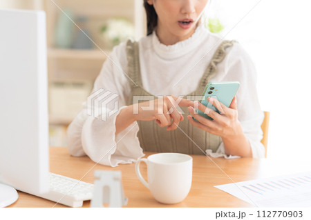 テレワークでリビングで働く若い女性 112770903